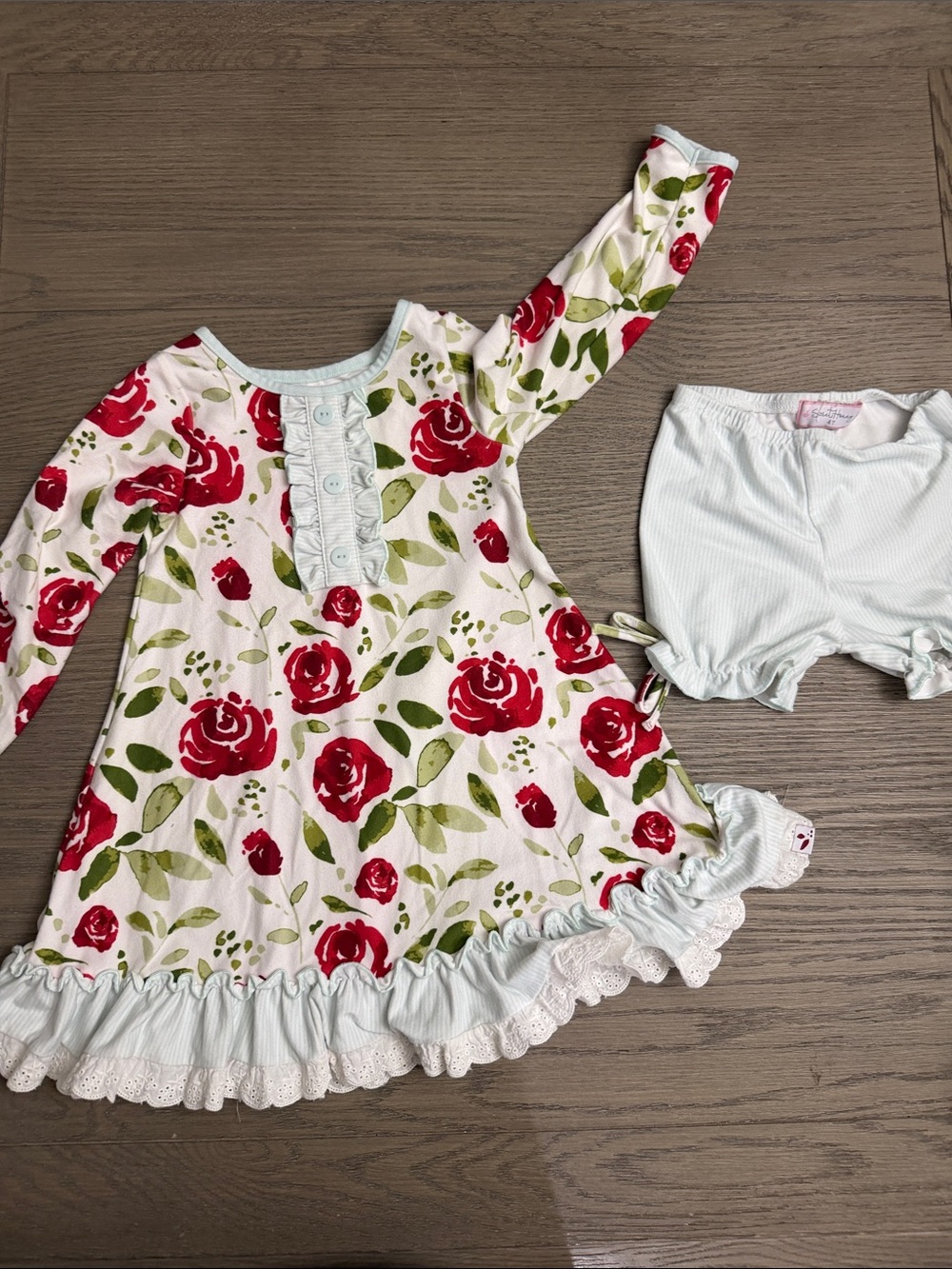 SweetHoney 4T Red Rose Floral Nightgown Set with Light Blue Trim